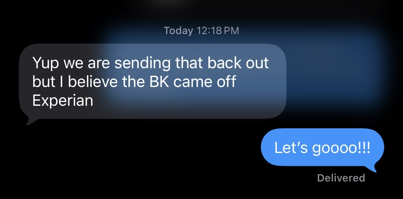 Bankruptcy removed from Experian confirmation text